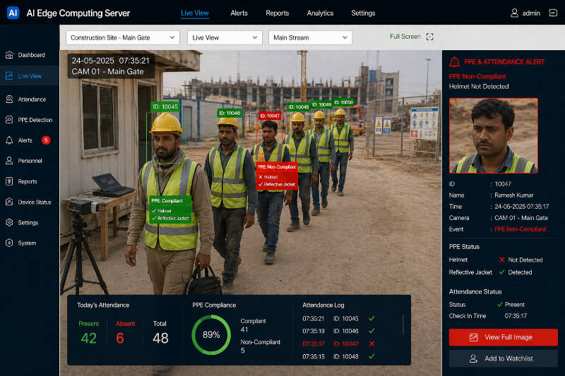 Populated construction site attendance and PPE operations view