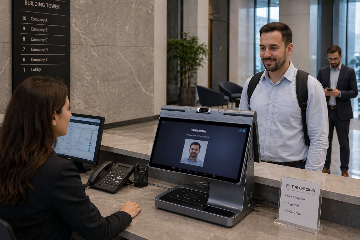 Visitor using facial verification on the Biometriya VMS desktop kiosk