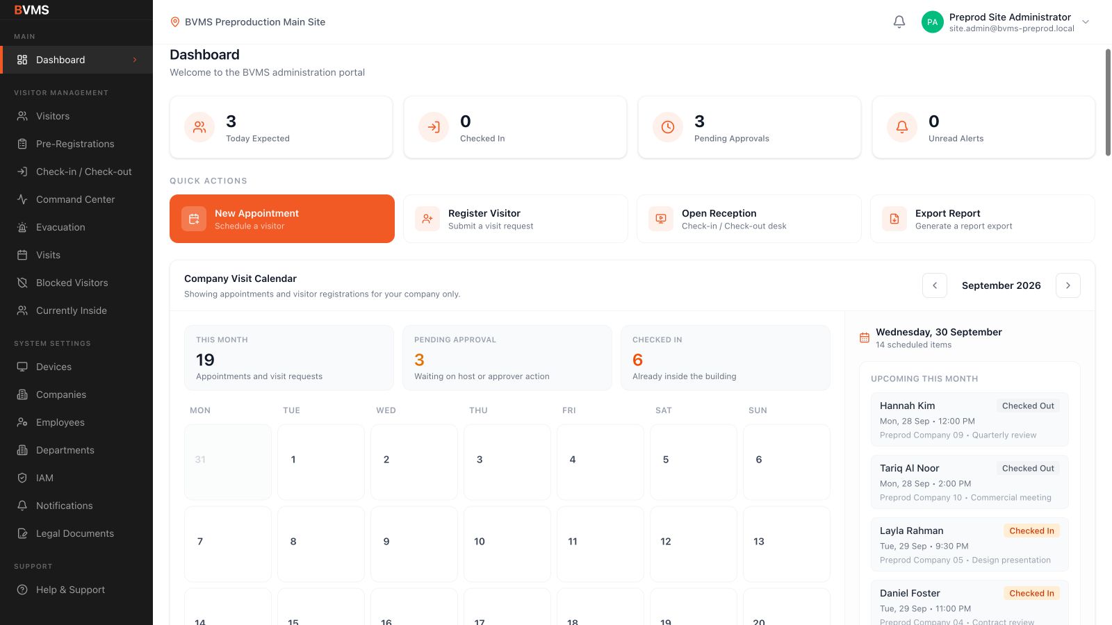 Live BVMS Management Desktop showing administration navigation, visitor metrics, quick actions, and the company visit calendar