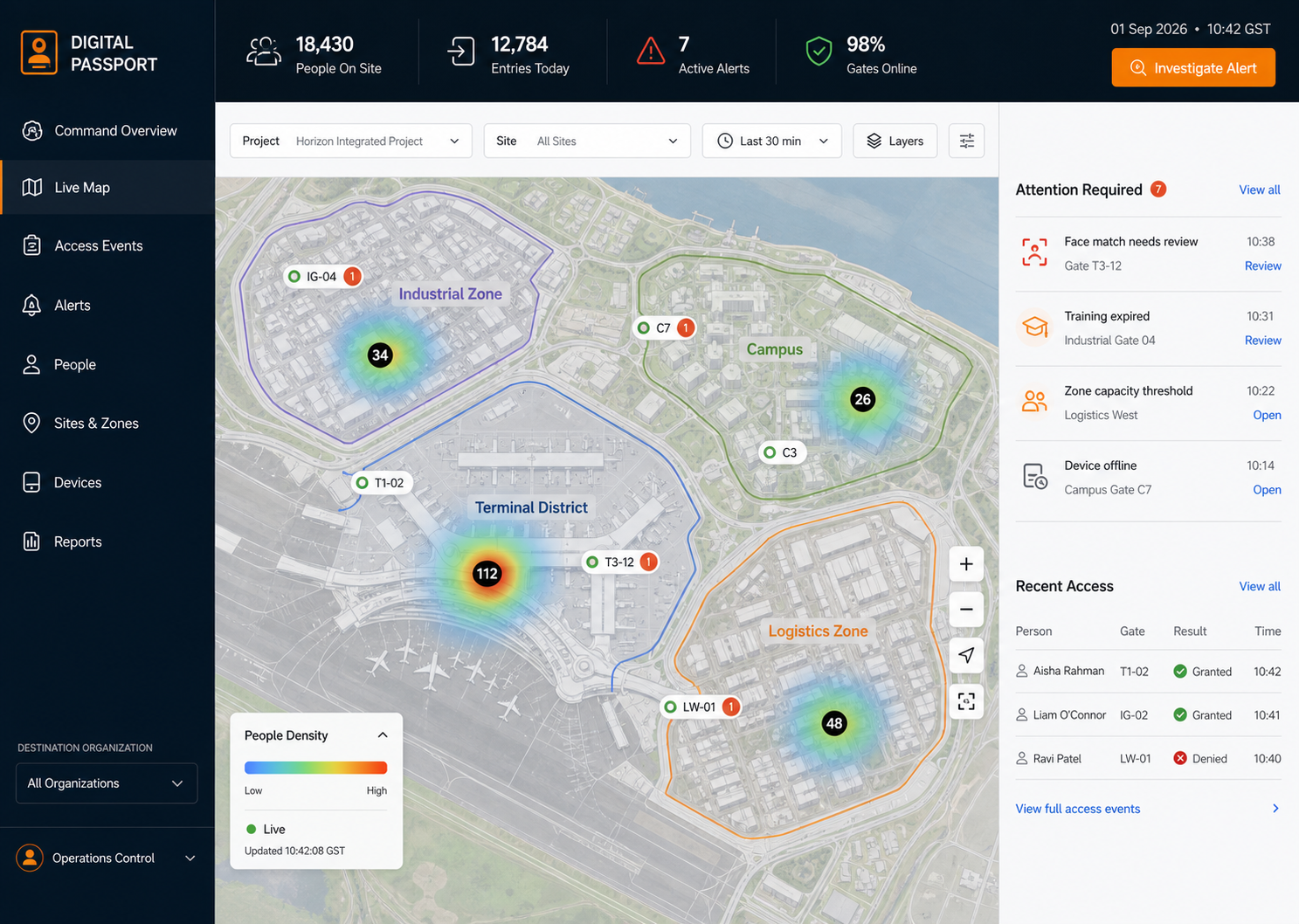 Digital Security Passport command centre with live site map, density heatmap, and access exceptions