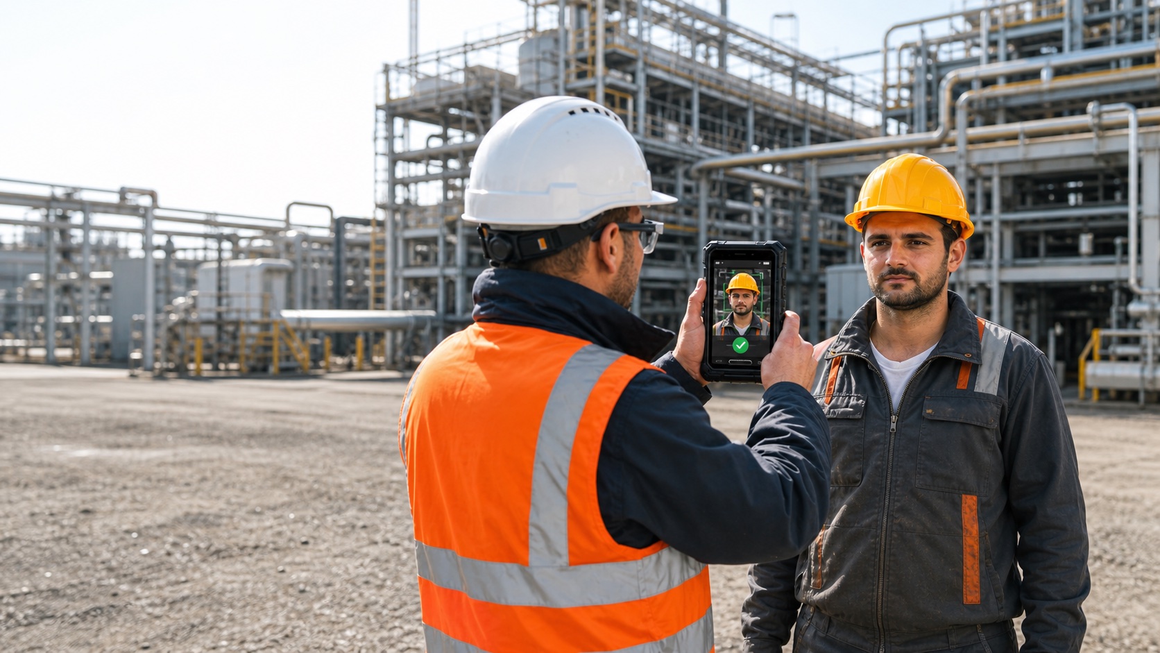 Authorized officer performing mobile face verification at an industrial worksite