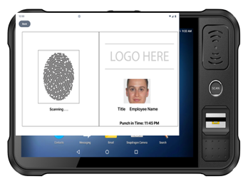 Rugged biometric tablet displaying an employee fingerprint punch-in workflow