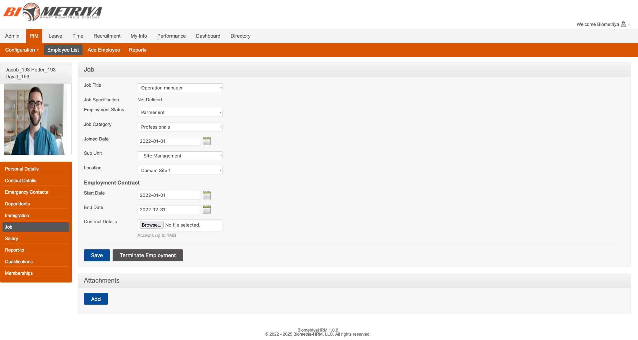 Biometriya HRM employee profile management