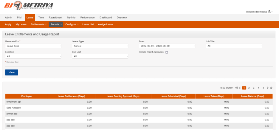 Biometriya HRM leave report